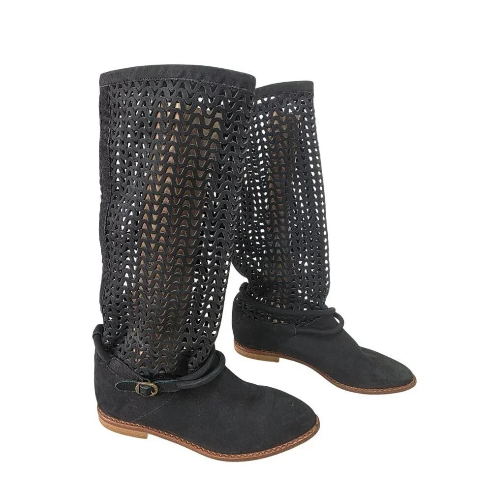 Vintage 90s Nickels Italy Suede Lattice Cutout Tall Boots 6B Boho Festival Flat